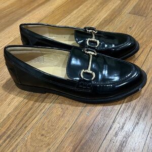 J. Crew Shiny Black Loafers with Gold Accent